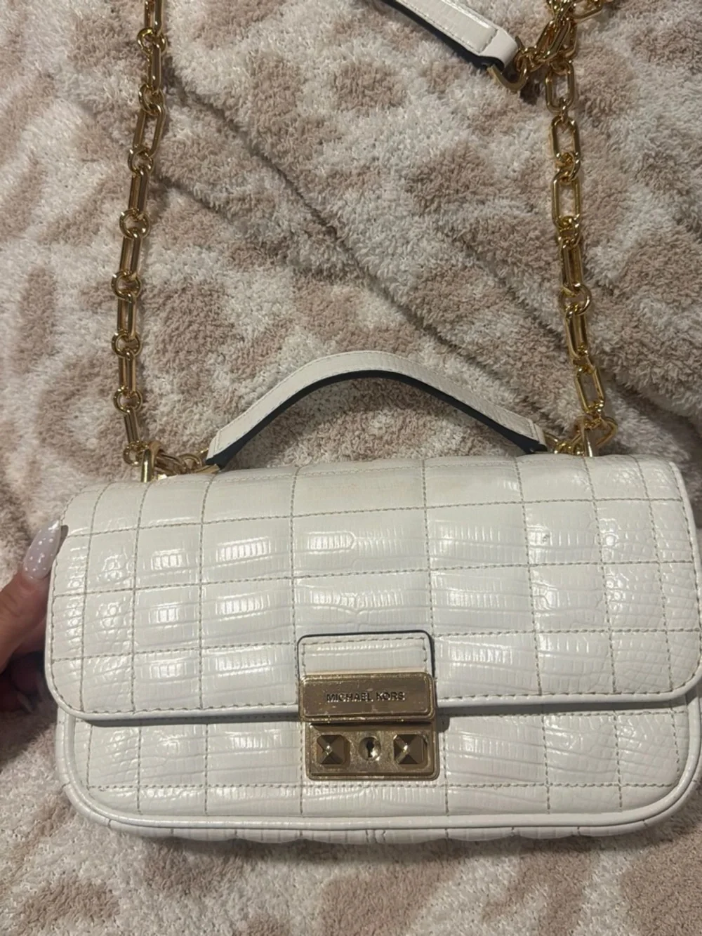 Michael Kors White Croc-Embossed Leather Crossbody with Gold Chain Strap
